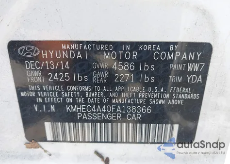 2015 Hyundai Sonata Hybrid z USA, uszkodzony, nr VIN KMHEC4A40FA138366